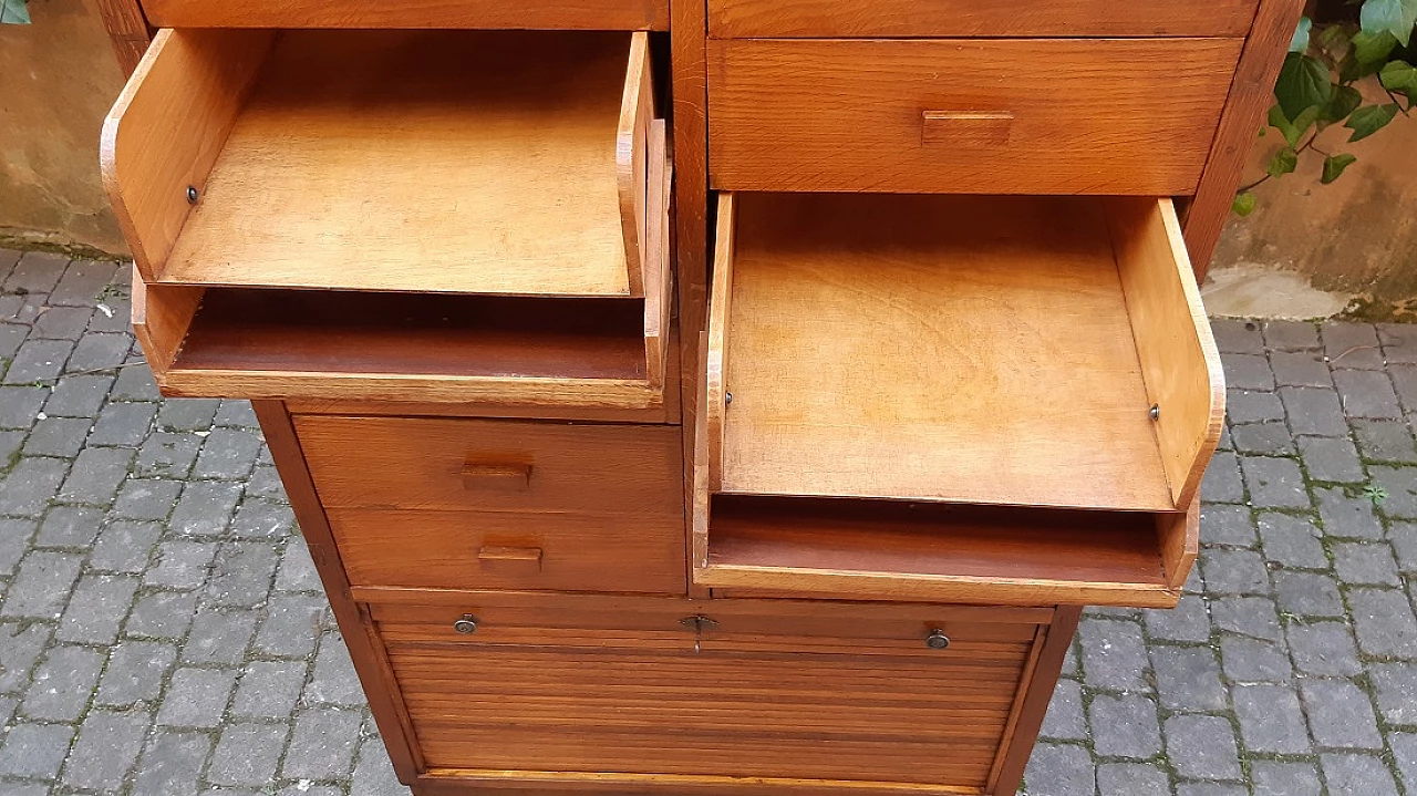 Oak filing cabinet with drawers and shutter, 1930s 3