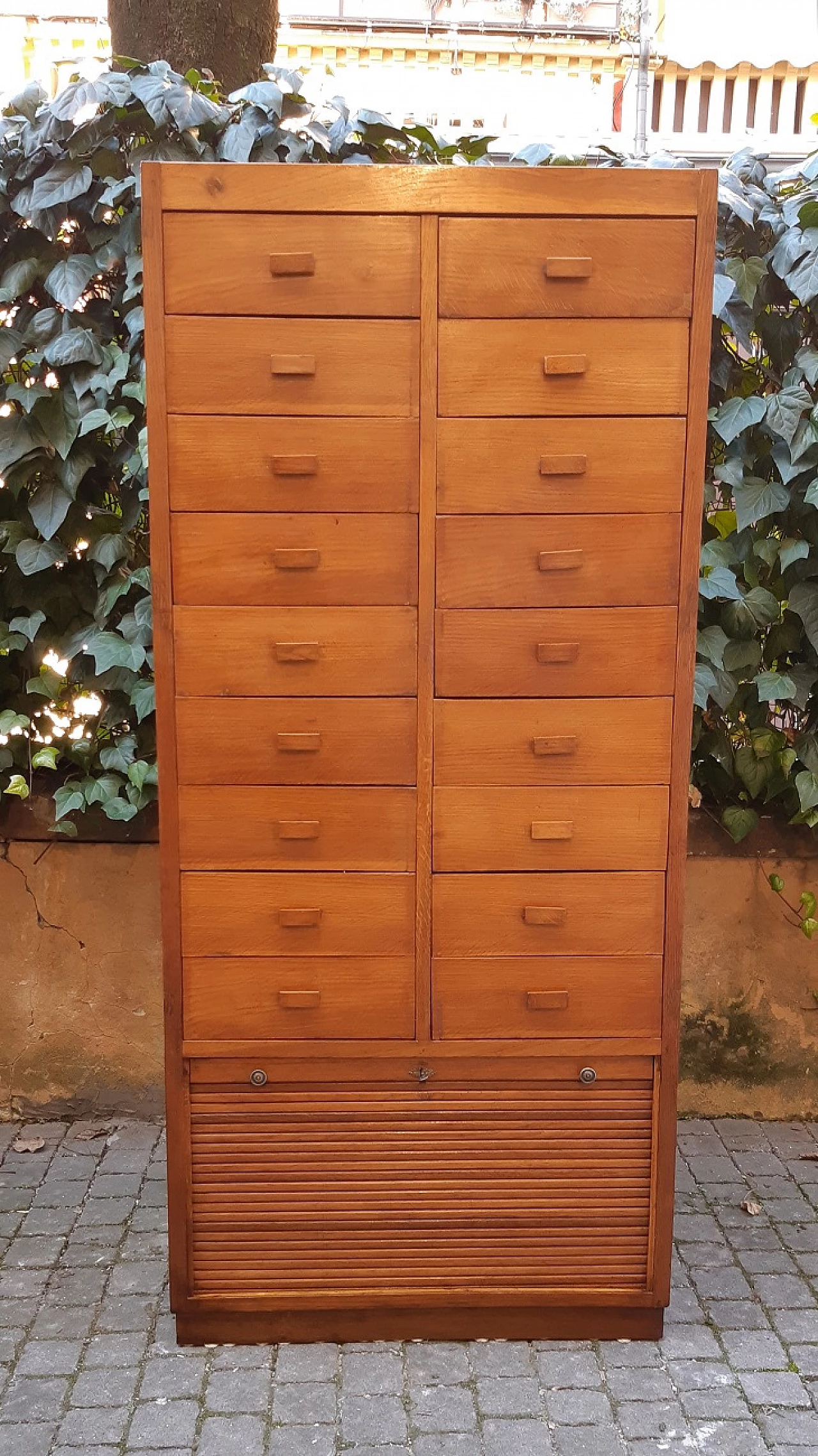 Oak filing cabinet with drawers and shutter, 1930s 6