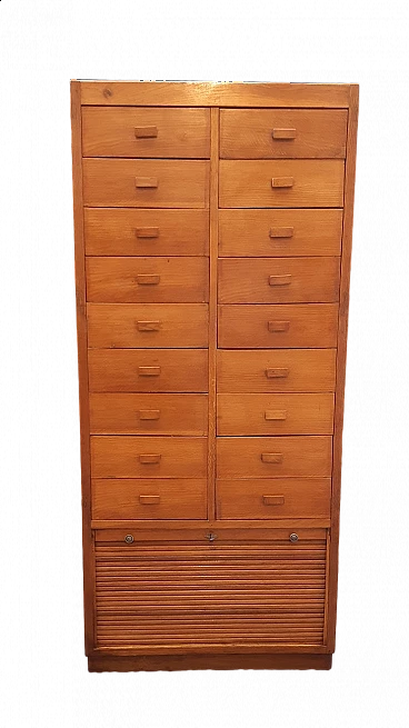 Oak filing cabinet with drawers and shutter, 1930s