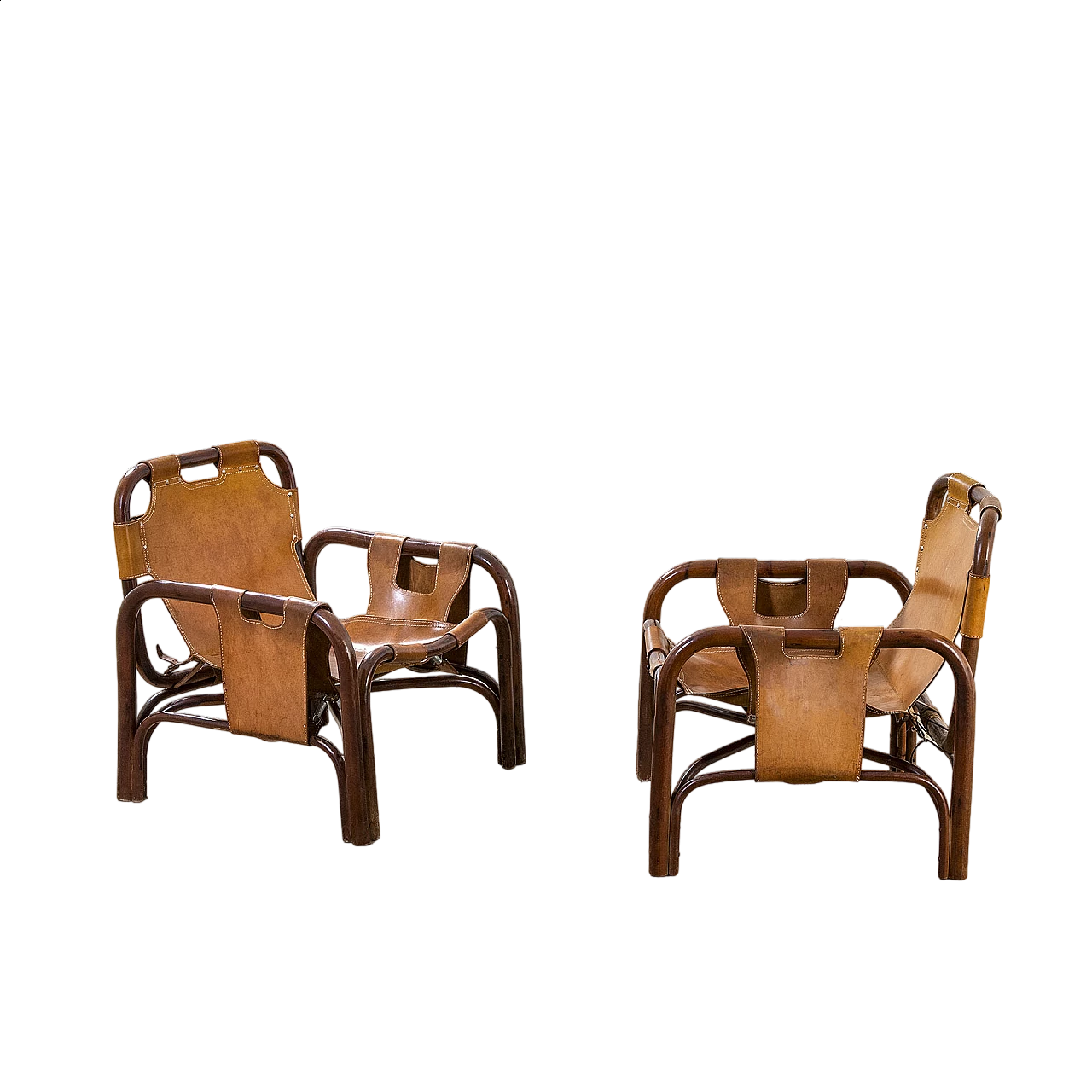 Pair of bamboo and leather Safari armchairs by Tito Agnoli, 1960s 7