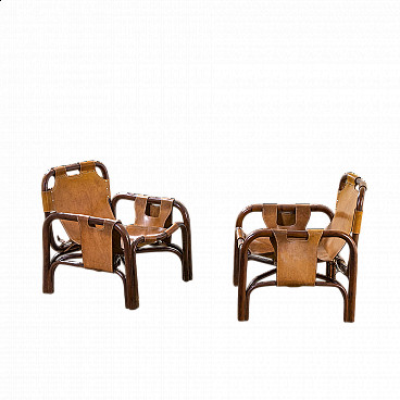 Pair of bamboo and leather Safari armchairs by Tito Agnoli, 1960s