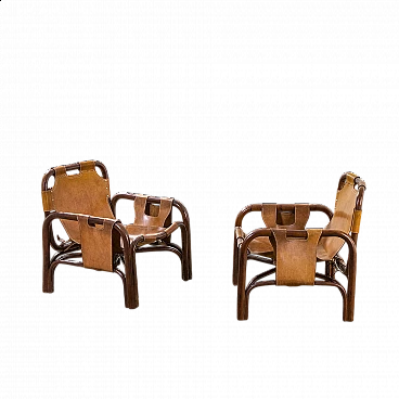 Pair of bamboo and leather Safari armchairs by Tito Agnoli, 1960s