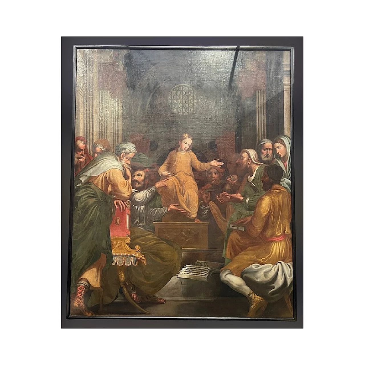 Pala d'altare raffigurante la disputa di Gesù con i dottori del tempio, olio su tela, '600 1