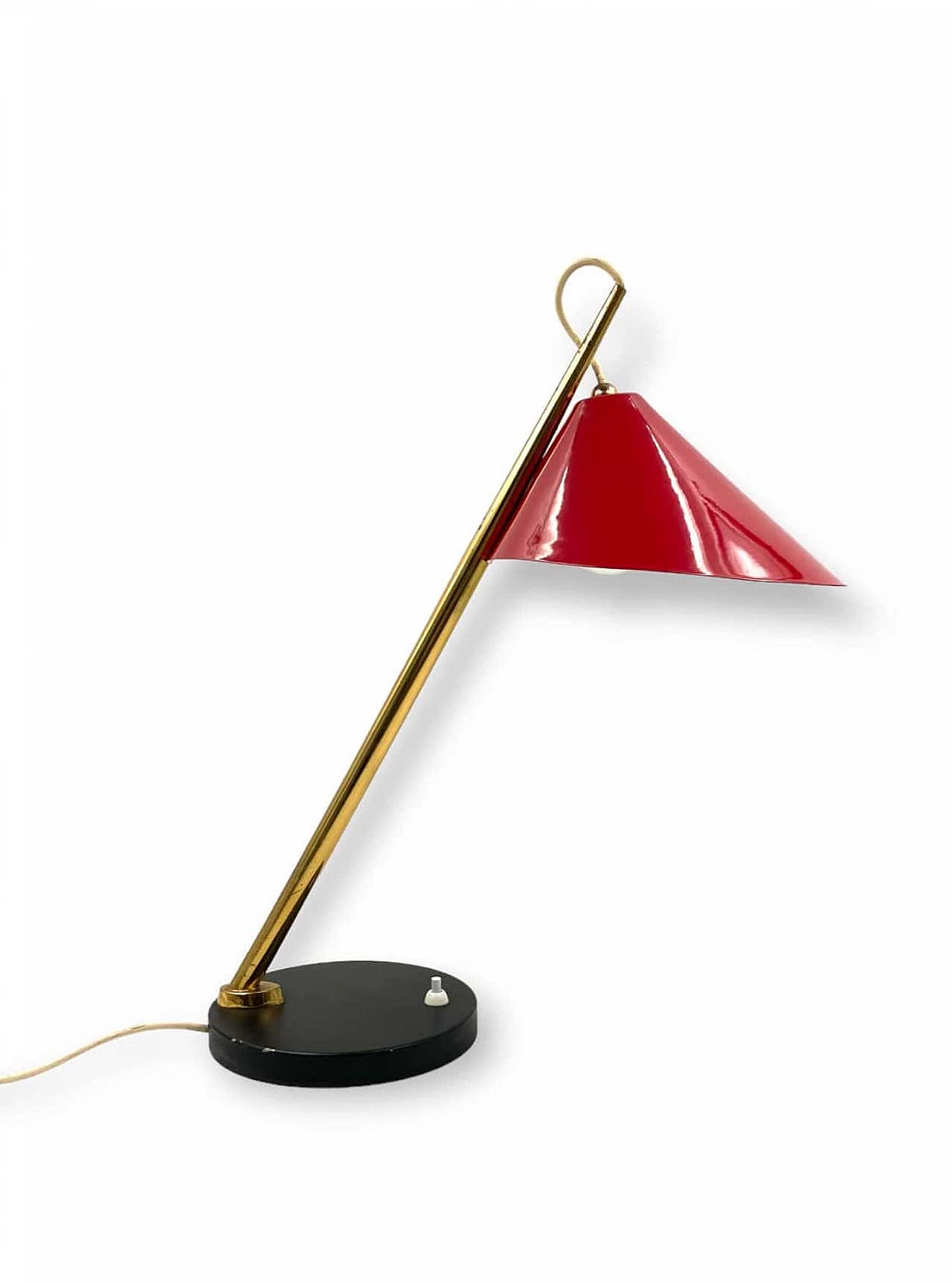 Red metal and brass table lamp for Lumen, 1960s 1