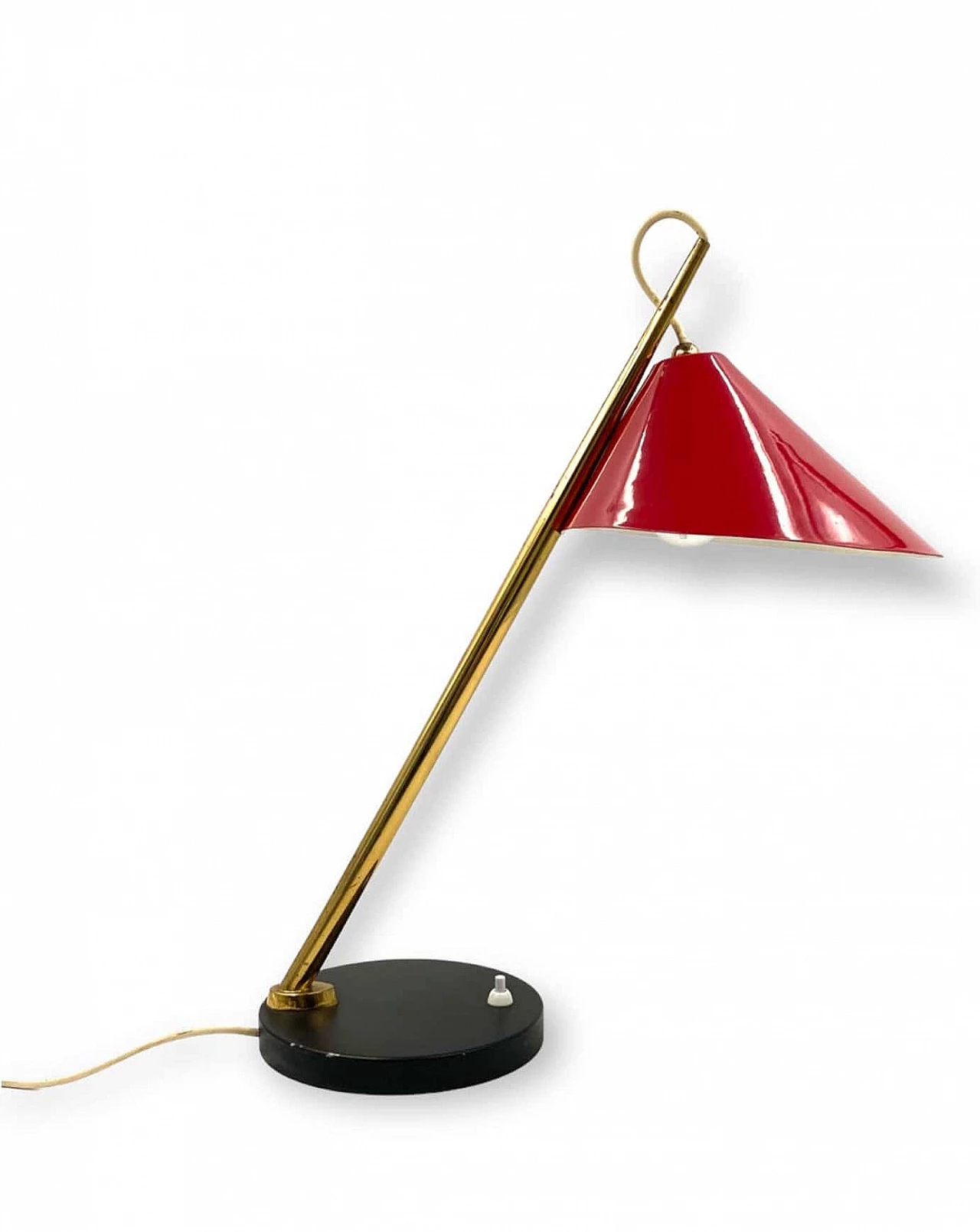 Red metal and brass table lamp for Lumen, 1960s 4