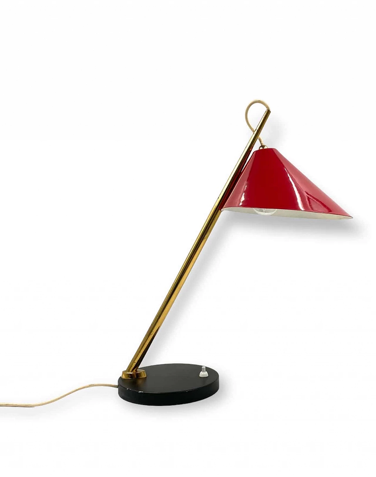 Red metal and brass table lamp for Lumen, 1960s 5
