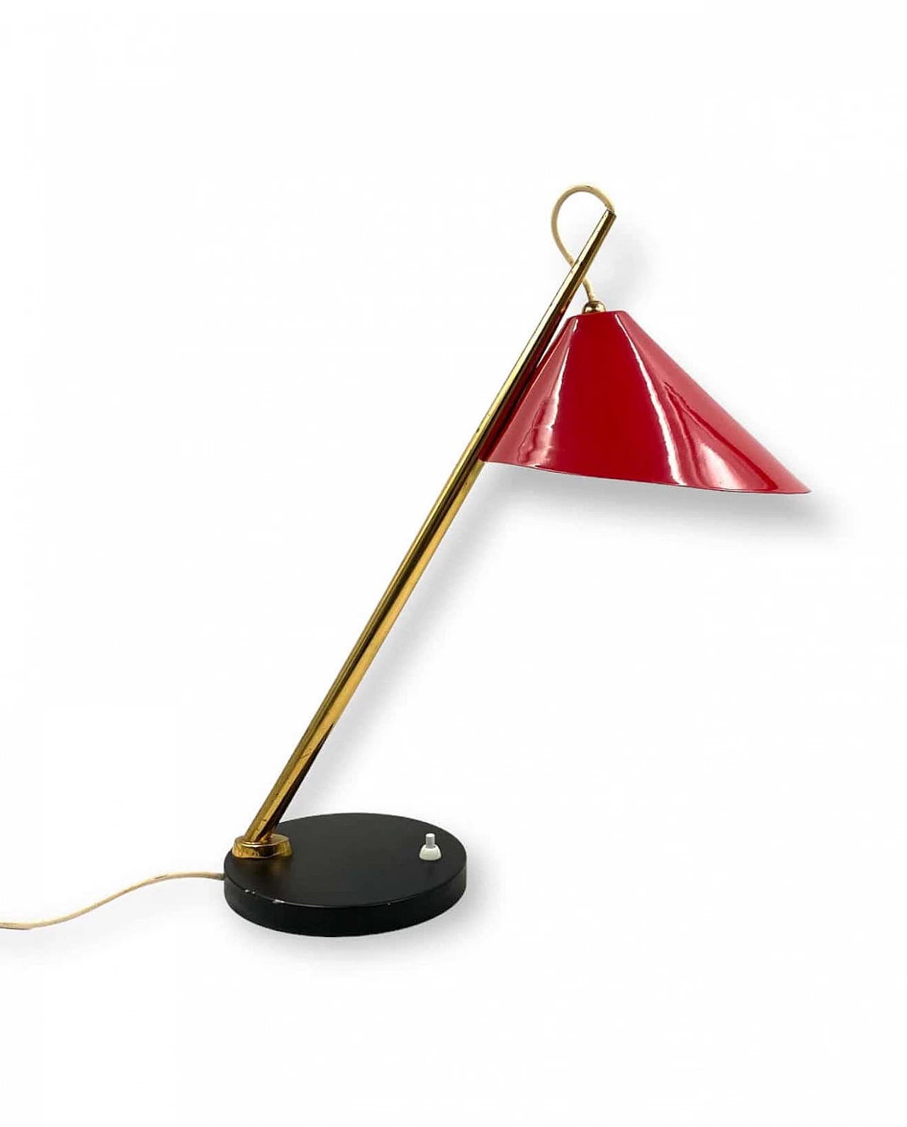 Red metal and brass table lamp for Lumen, 1960s 7