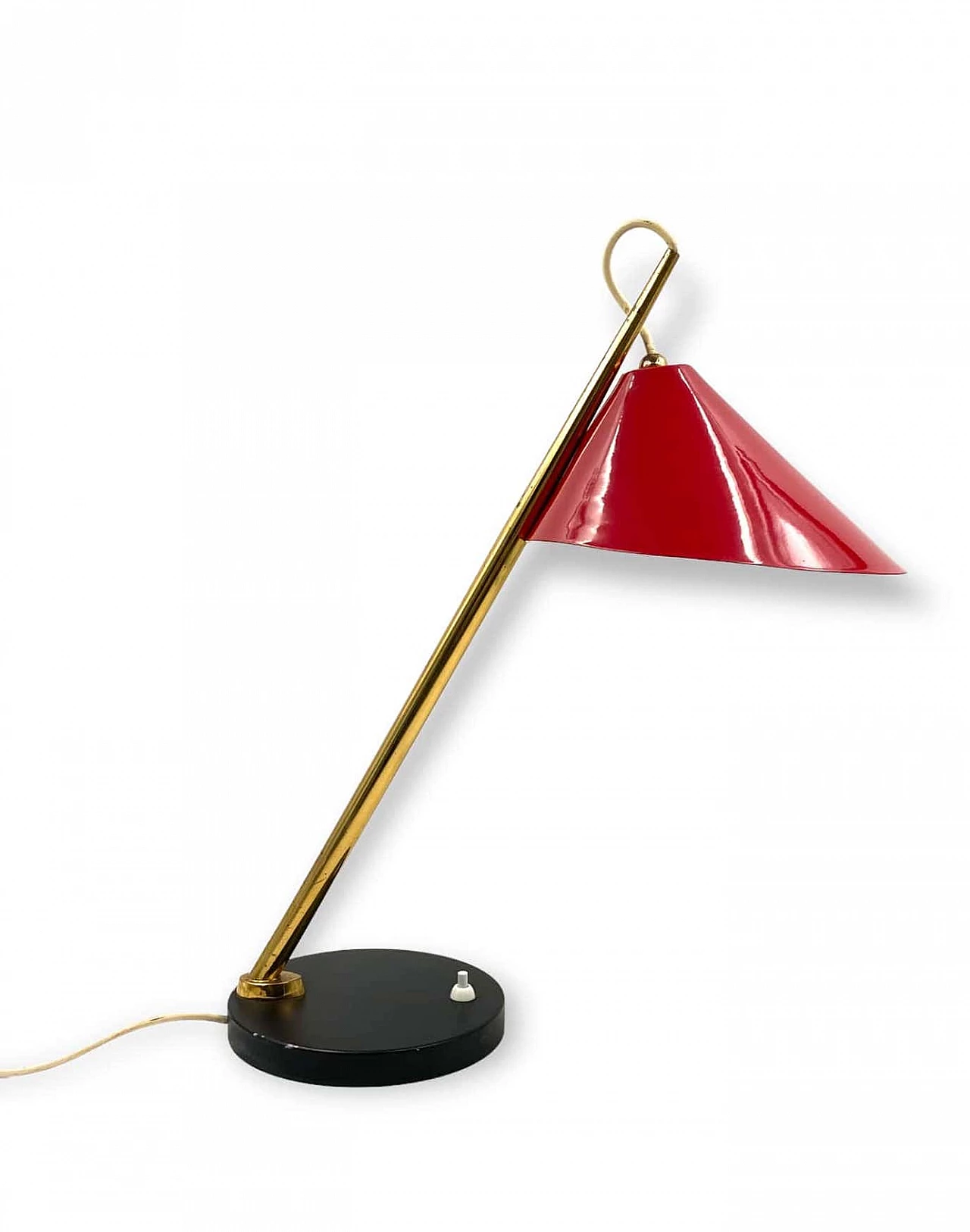 Red metal and brass table lamp for Lumen, 1960s 8