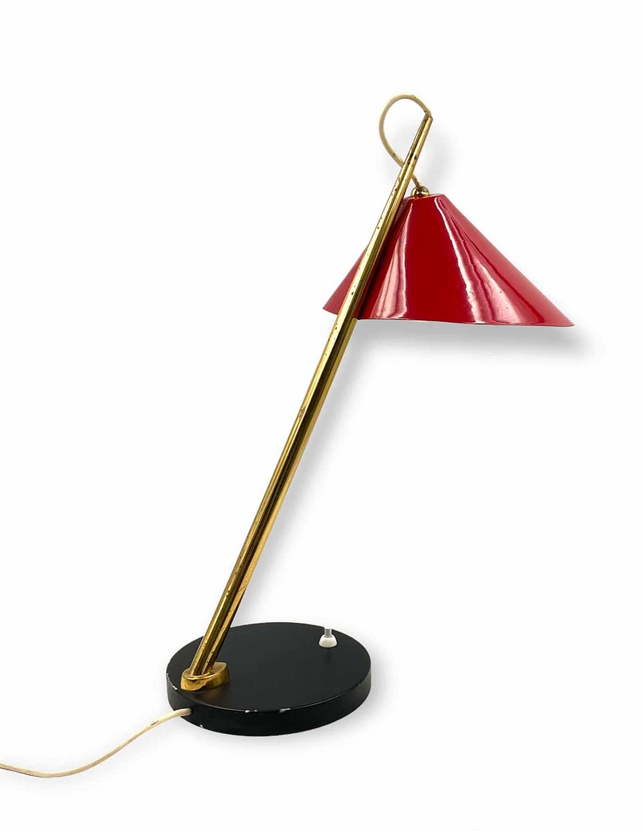 Red metal and brass table lamp for Lumen, 1960s 9