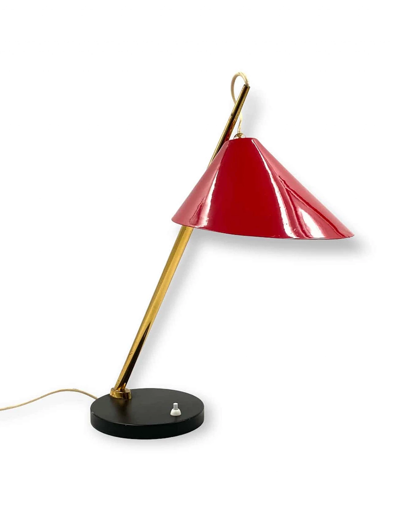 Red metal and brass table lamp for Lumen, 1960s 10
