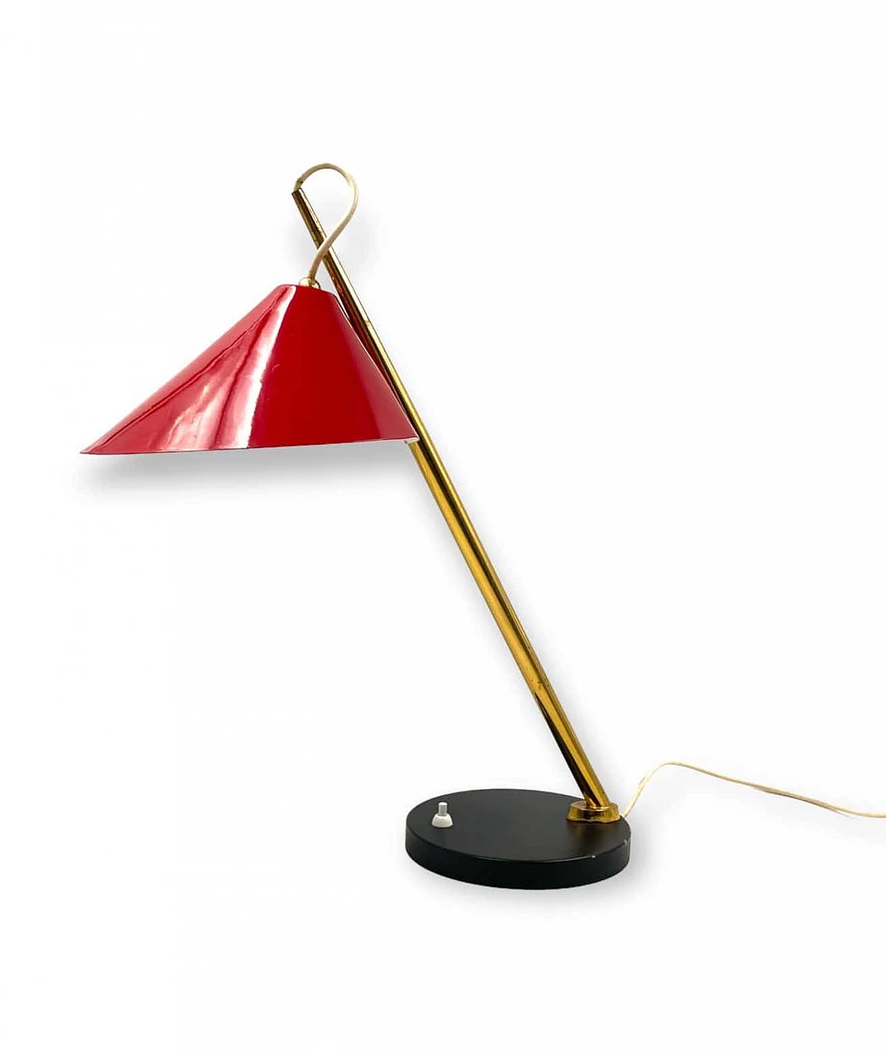 Red metal and brass table lamp for Lumen, 1960s 11