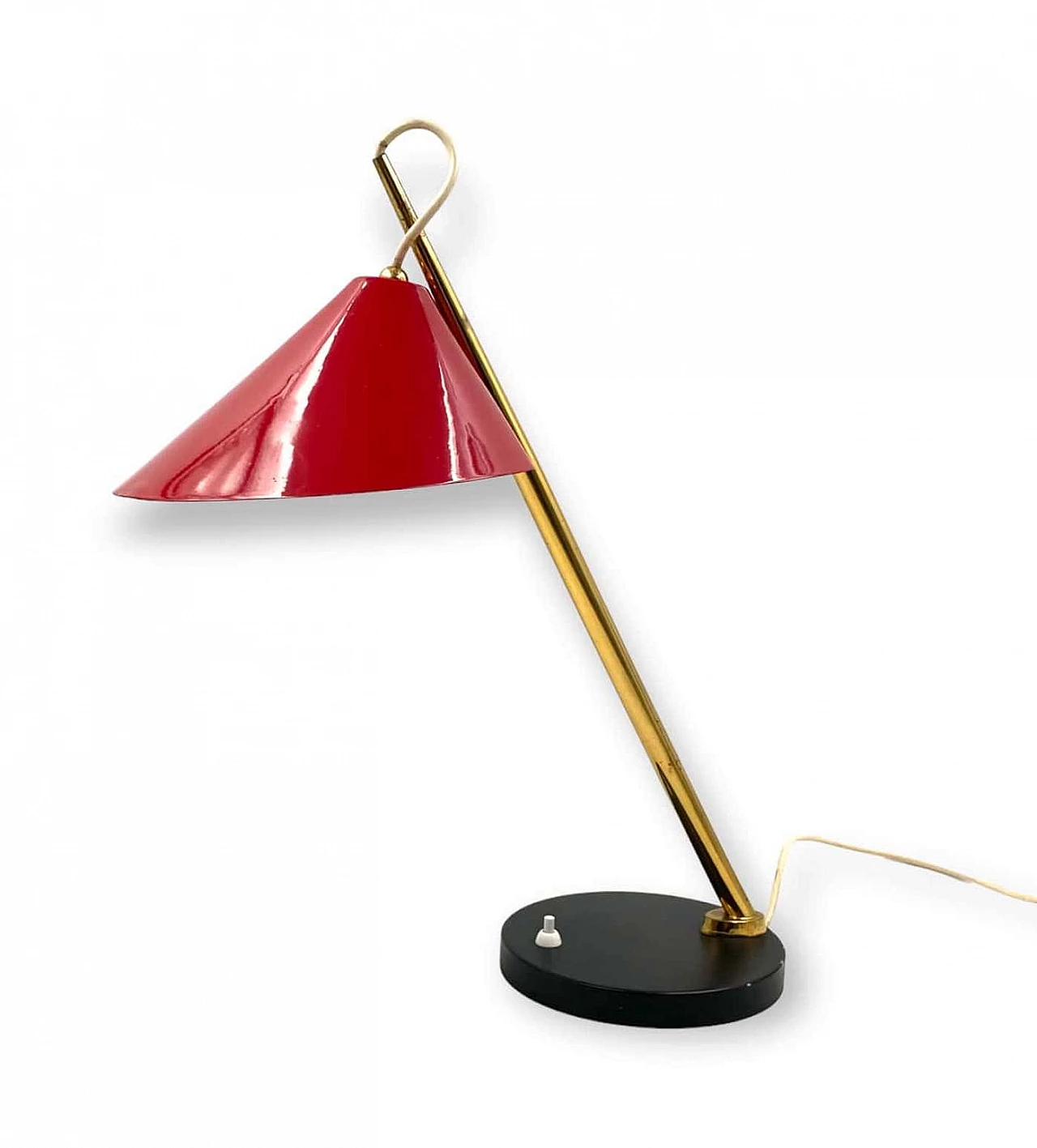Red metal and brass table lamp for Lumen, 1960s 12