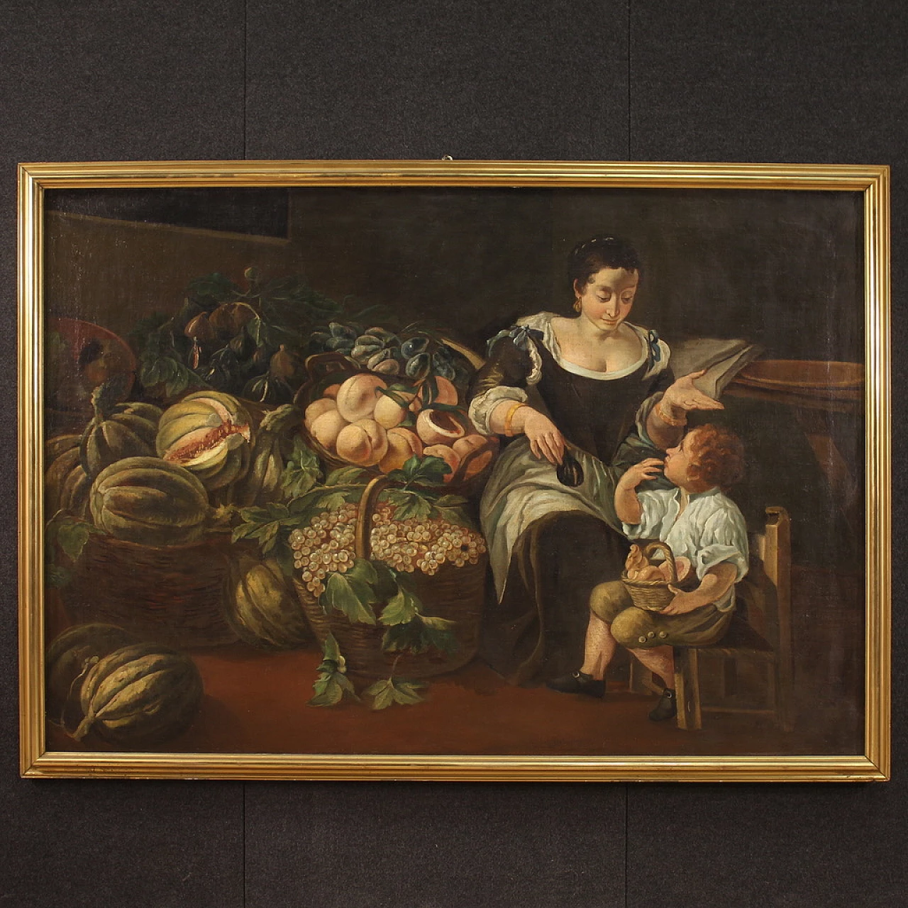 Genre scene painting with still life, oil on canvas, 18th century 2