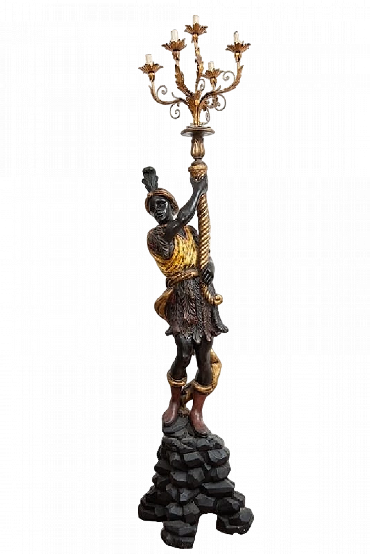 Scultura in legno policromo di Moro Veneziano con candelabro, inizio '900 7