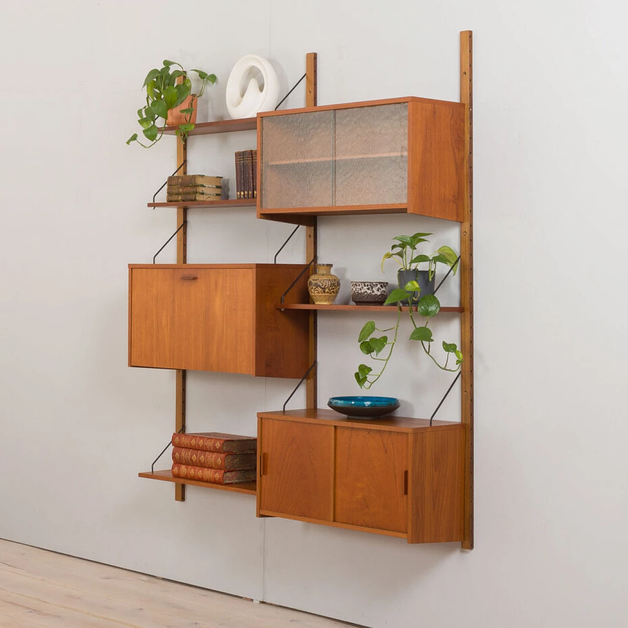 Danish modular teak bookcase with four wall shelves and three cabinets, 1960s 1