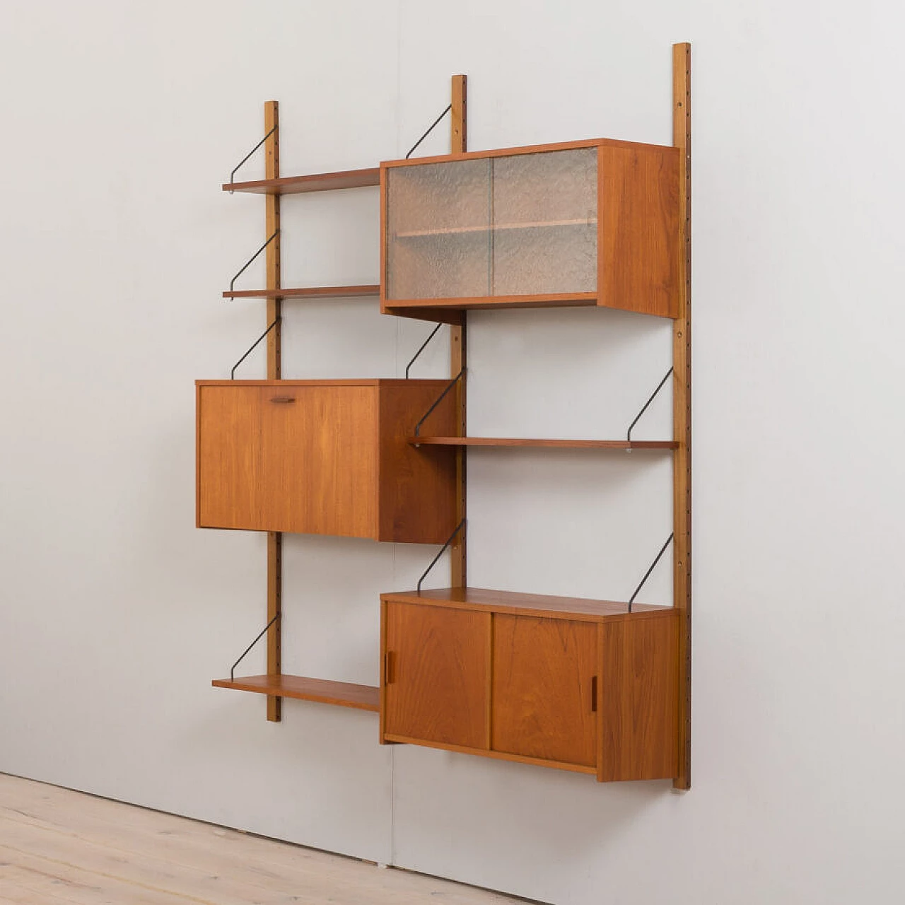 Danish modular teak bookcase with four wall shelves and three cabinets, 1960s 6