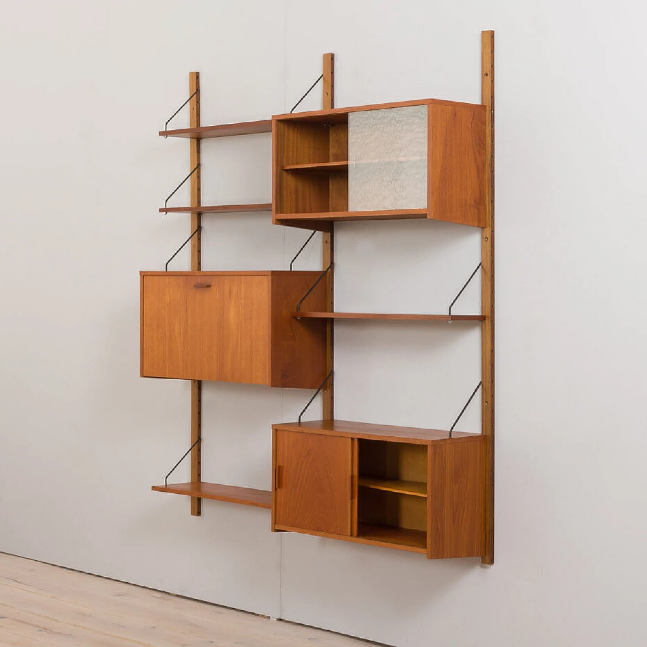 Danish modular teak bookcase with four wall shelves and three cabinets, 1960s 7