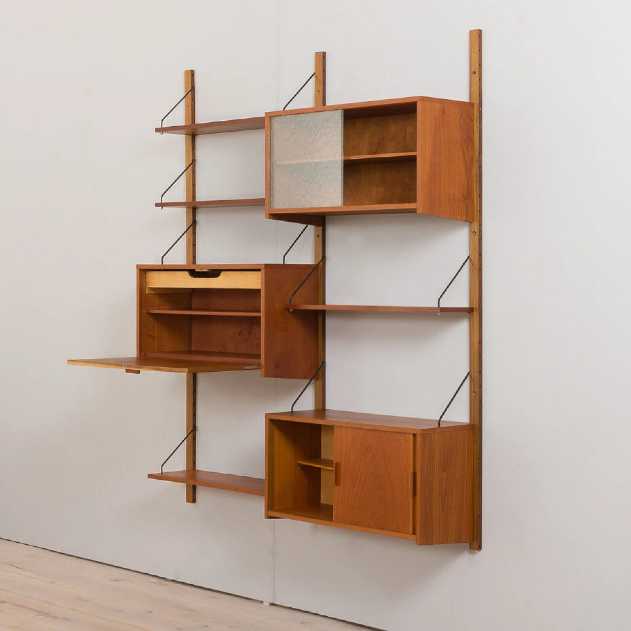 Danish modular teak bookcase with four wall shelves and three cabinets, 1960s 8