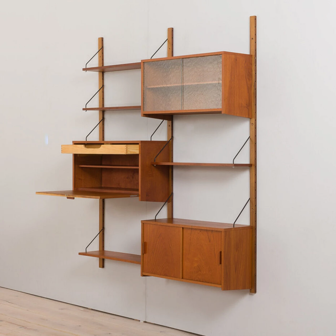 Danish modular teak bookcase with four wall shelves and three cabinets, 1960s 9