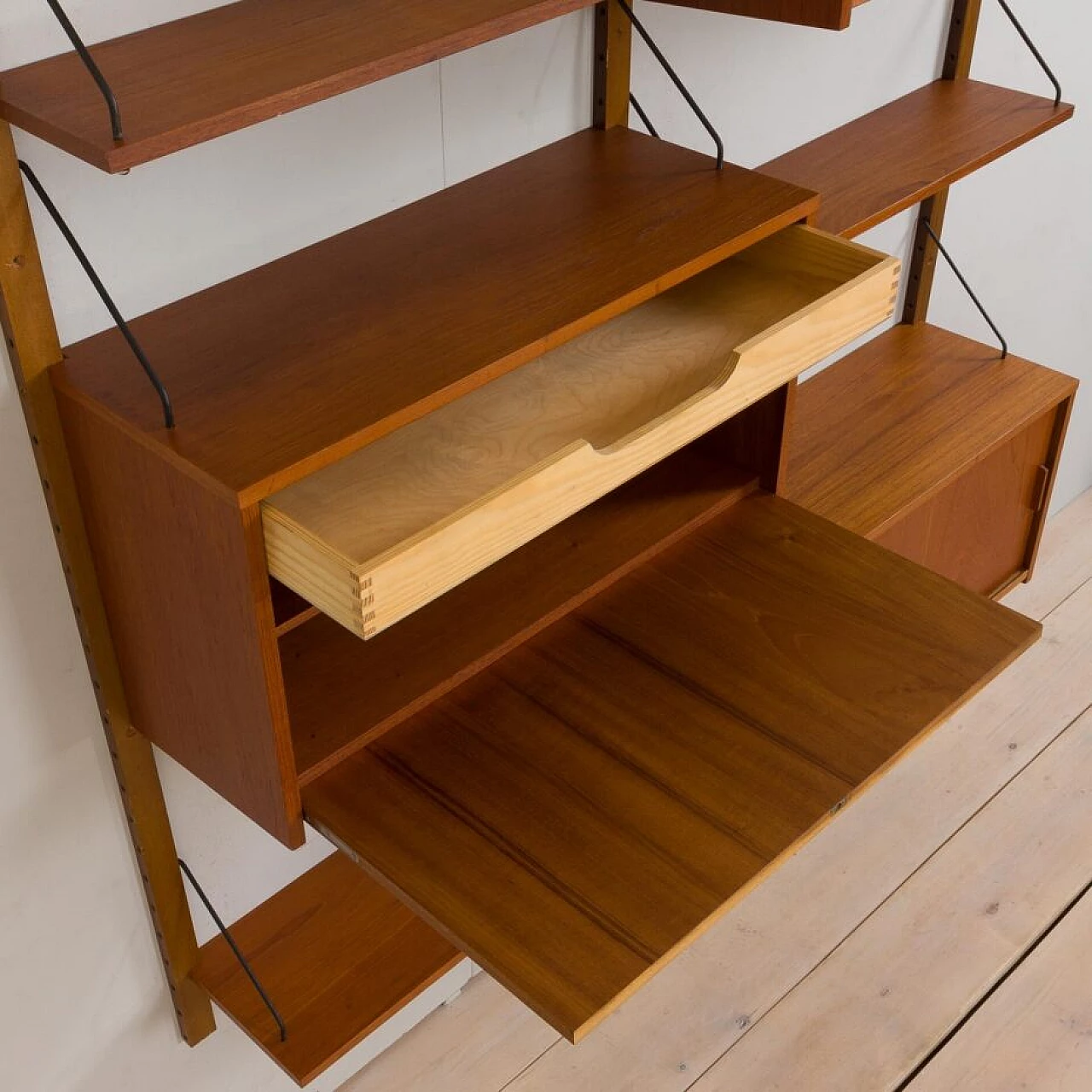 Danish modular teak bookcase with four wall shelves and three cabinets, 1960s 10