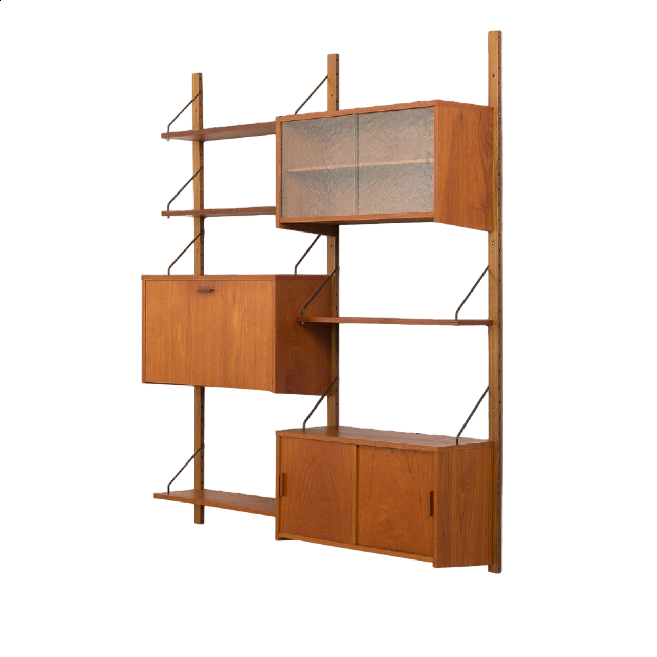 Danish modular teak bookcase with four wall shelves and three cabinets, 1960s 20