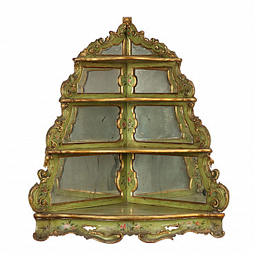 Rococo style lacquered and gilded wood hanging corner unit with mirrors, late 19th century