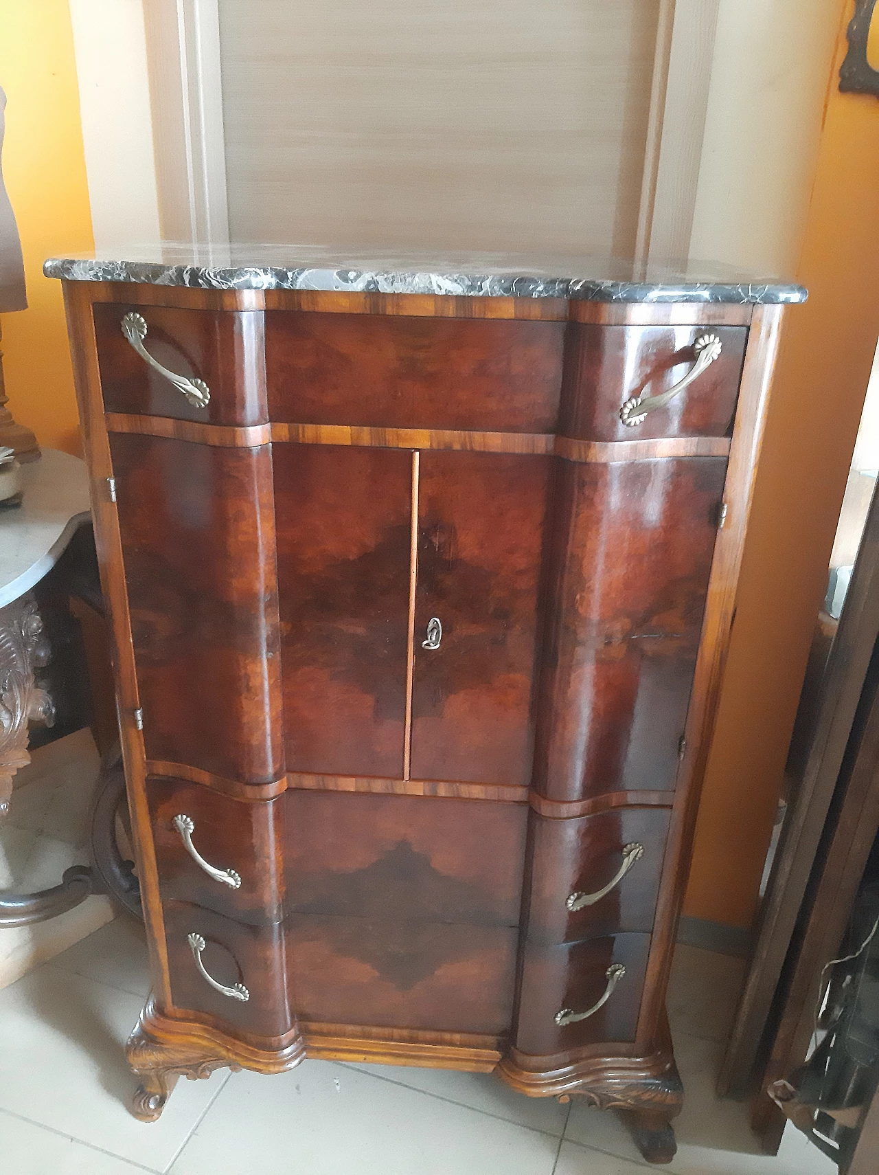 Walnut-root sideboard with marble top, 1950s 1