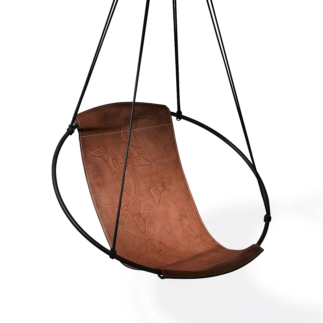 Poltrona sospesa in metallo e pelle marrone con motivo geometrico 5