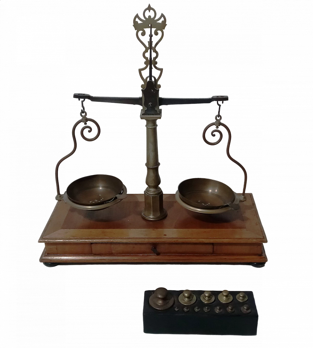 Wood and brass apothecary scale, 1950s 16