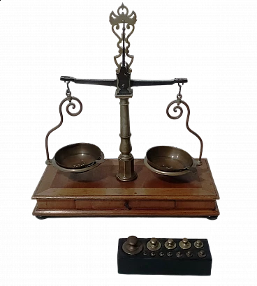 Wood and brass apothecary scale, 1950s
