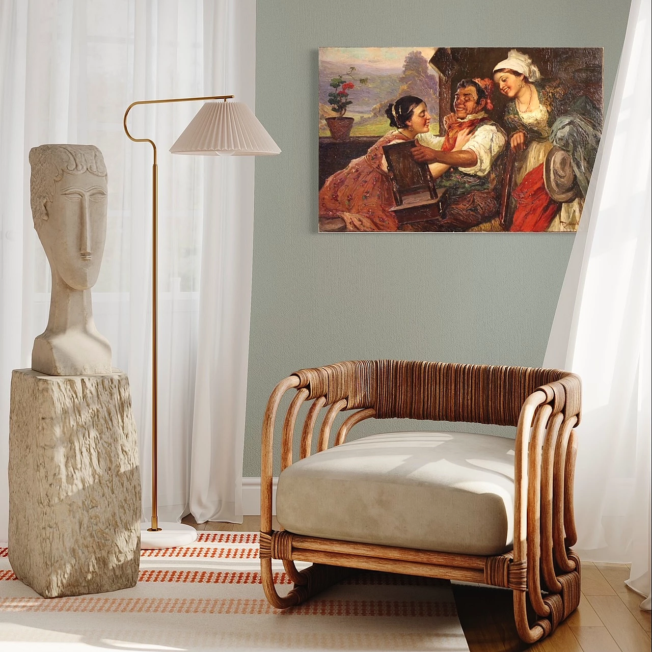 Interior scene with three characters, oil painting on canvas, second half of the 19th century 2