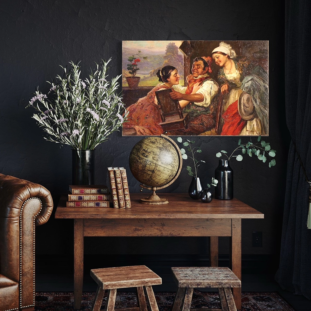 Interior scene with three characters, oil painting on canvas, second half of the 19th century 3