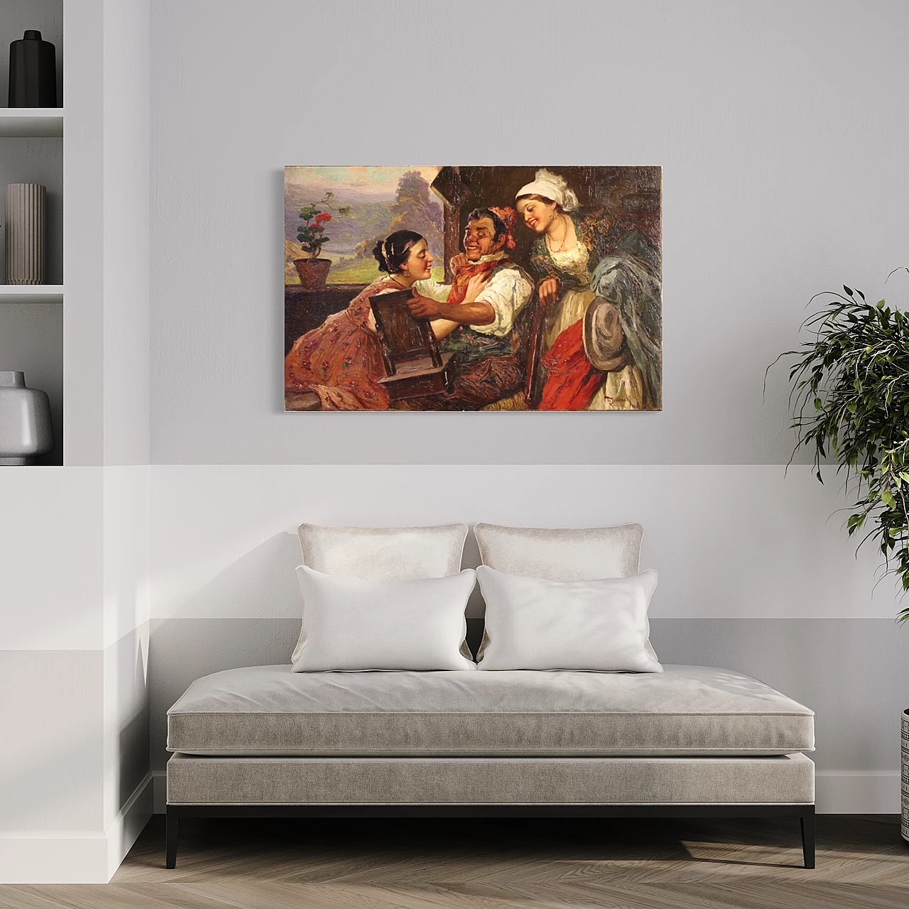 Interior scene with three characters, oil painting on canvas, second half of the 19th century 4