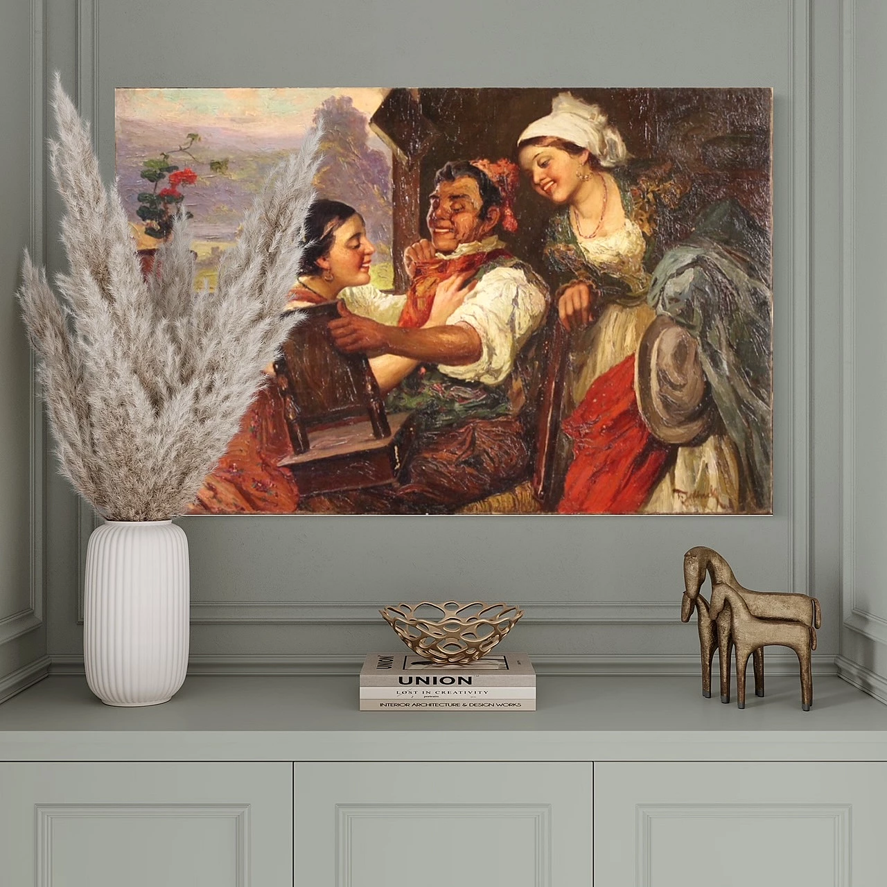 Interior scene with three characters, oil painting on canvas, second half of the 19th century 5