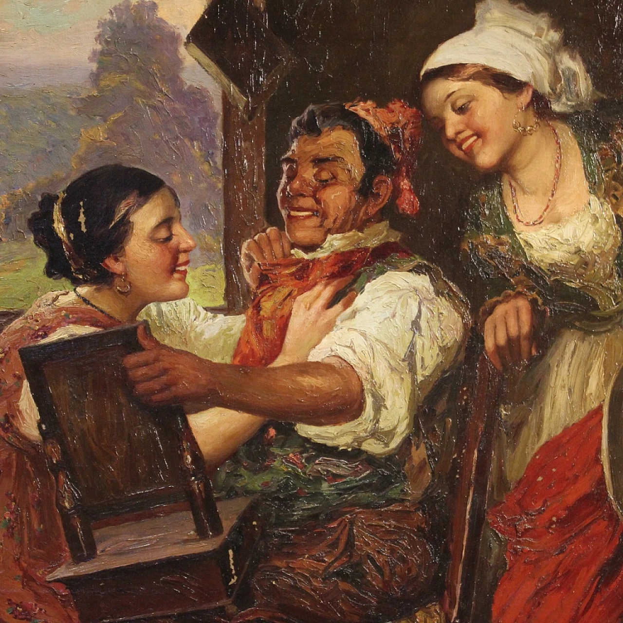 Interior scene with three characters, oil painting on canvas, second half of the 19th century 6