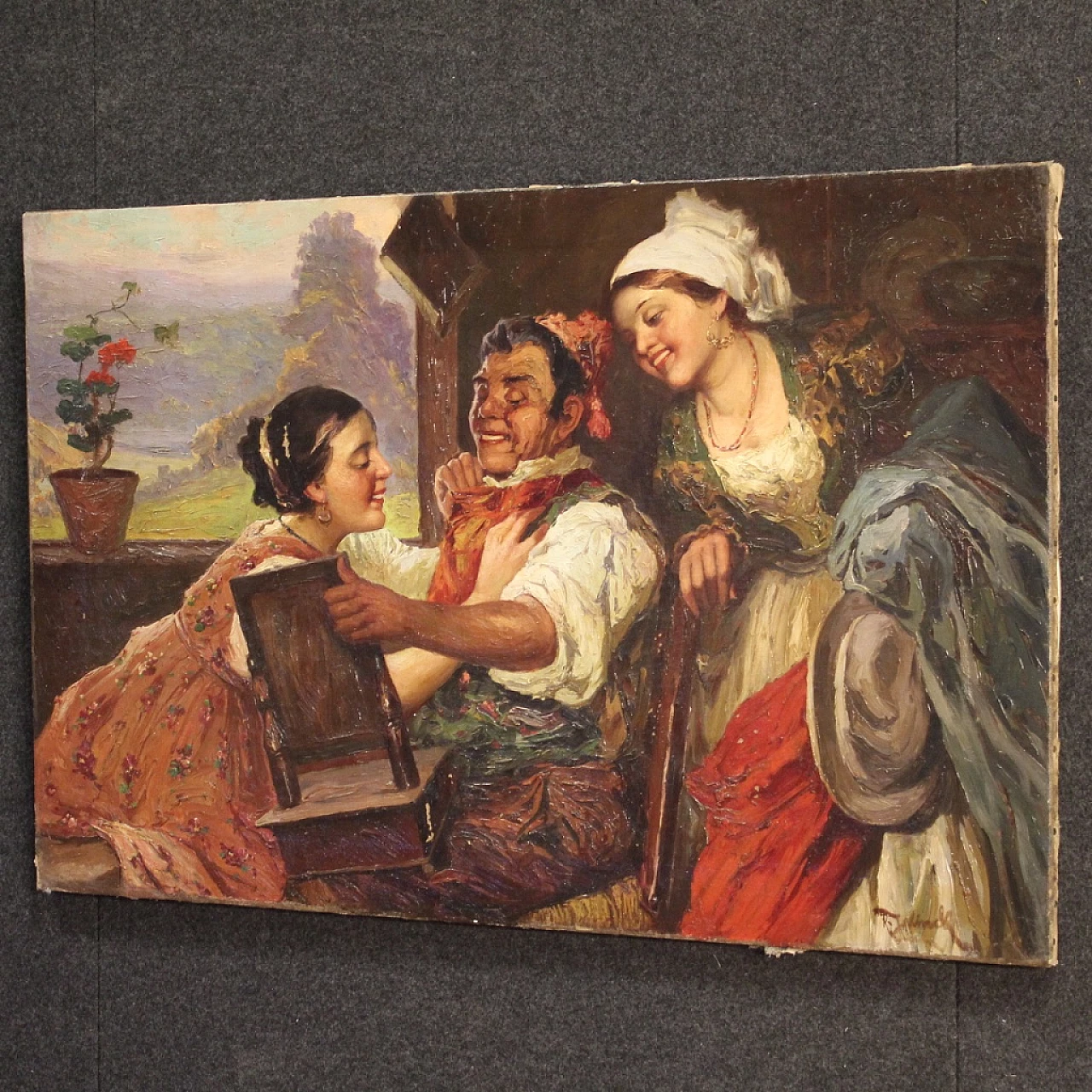 Interior scene with three characters, oil painting on canvas, second half of the 19th century 11