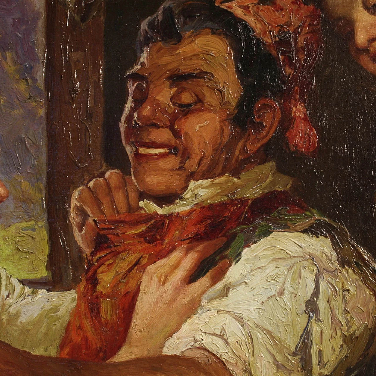 Interior scene with three characters, oil painting on canvas, second half of the 19th century 12