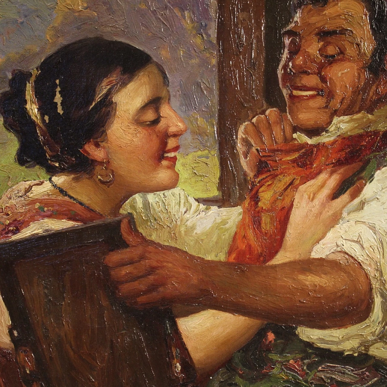 Interior scene with three characters, oil painting on canvas, second half of the 19th century 14