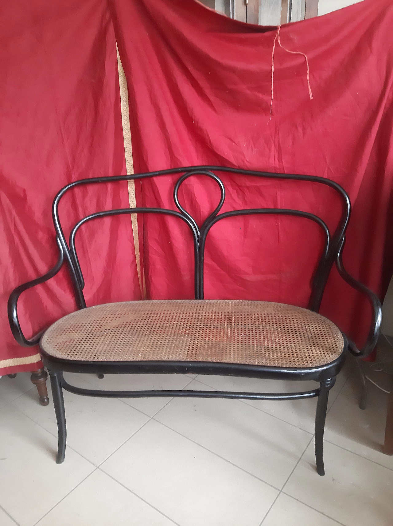 Divano in legno laccato nero e paglia di Vienna nello stile di Jacob & Josef  Kohn, inizio '900 1