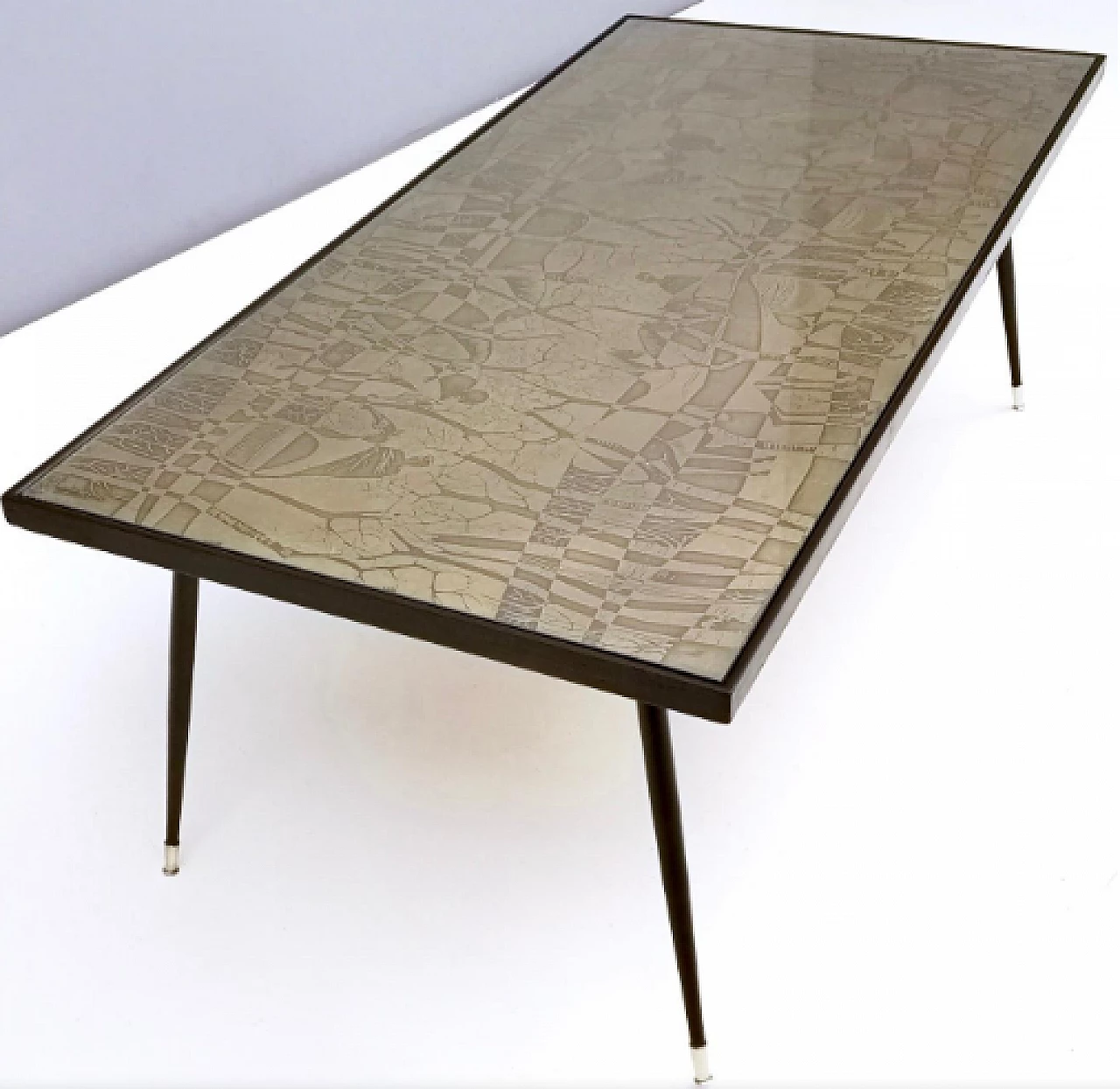 Etched brass, beech and glass coffee table by G. Urs, 1960s 6