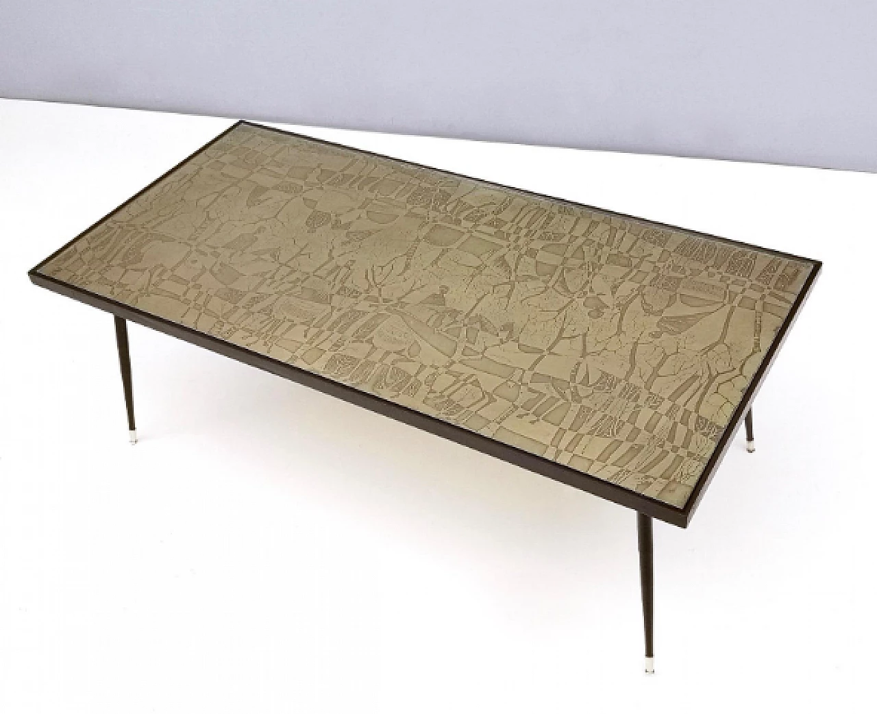Etched brass, beech and glass coffee table by G. Urs, 1960s 7