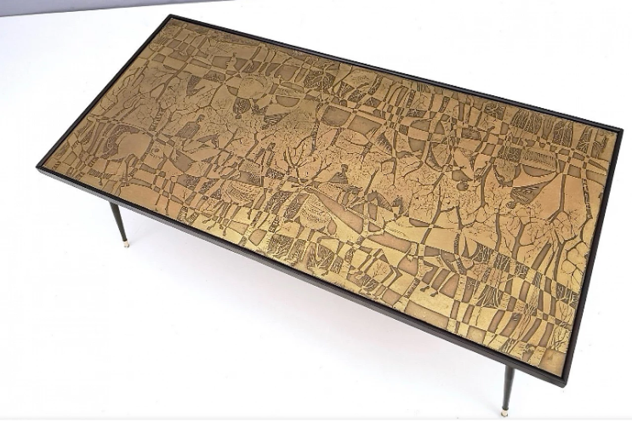 Etched brass, beech and glass coffee table by G. Urs, 1960s 8