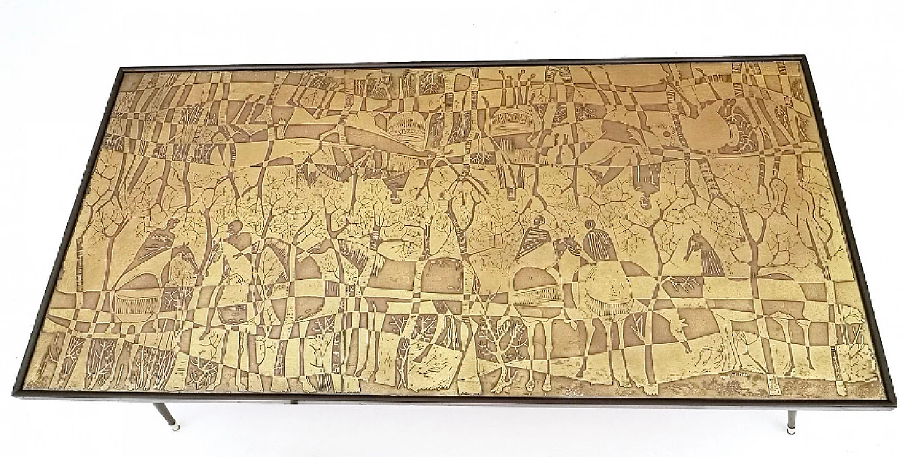 Etched brass, beech and glass coffee table by G. Urs, 1960s 9