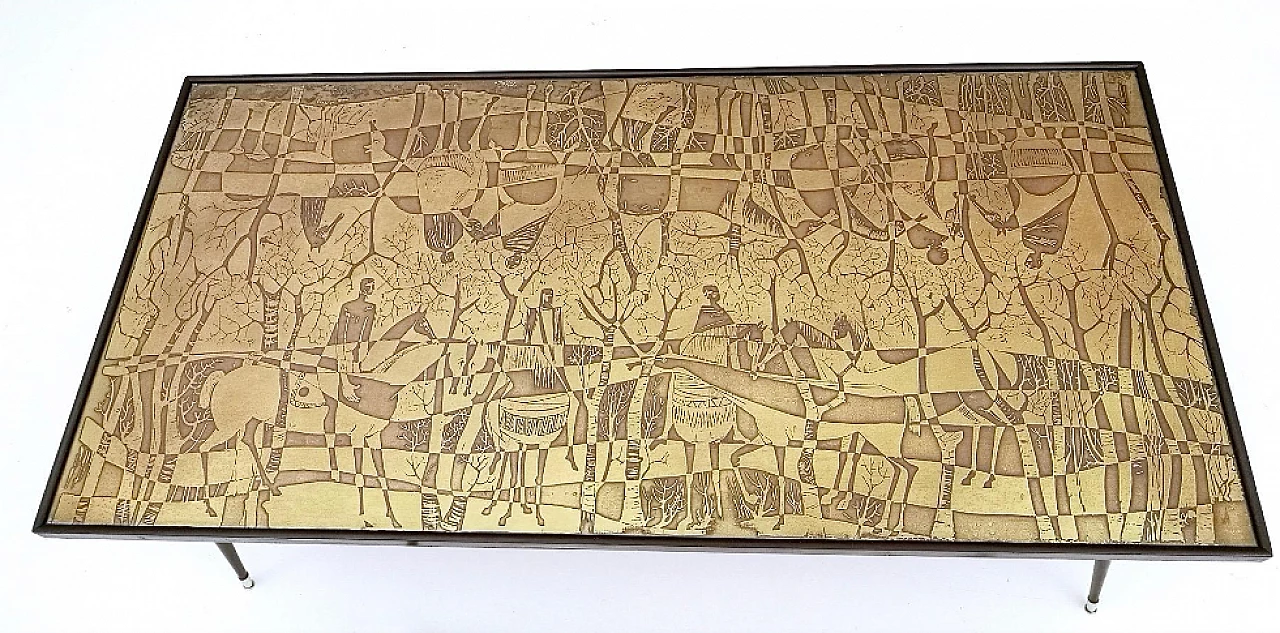 Etched brass, beech and glass coffee table by G. Urs, 1960s 10