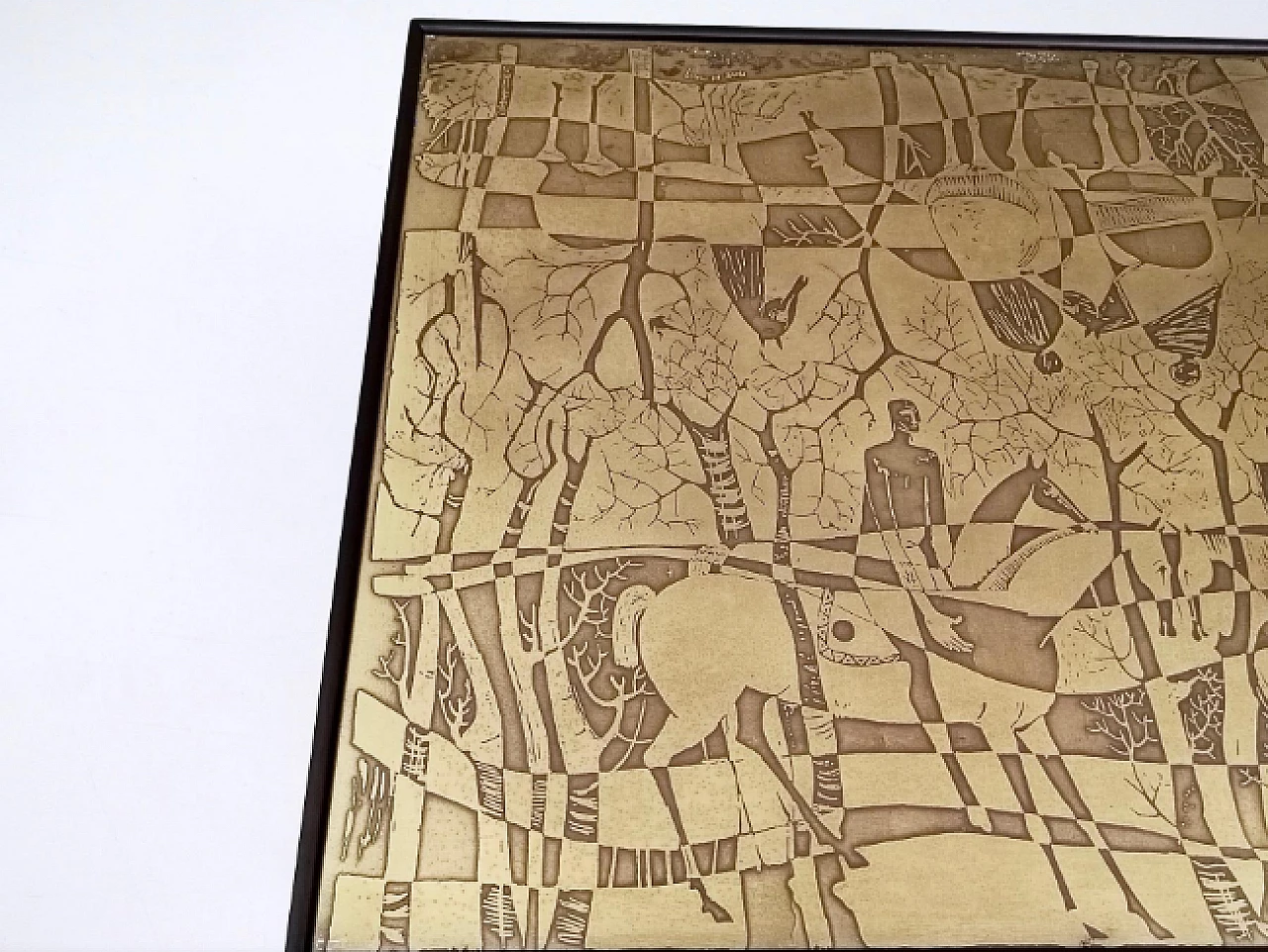 Etched brass, beech and glass coffee table by G. Urs, 1960s 11