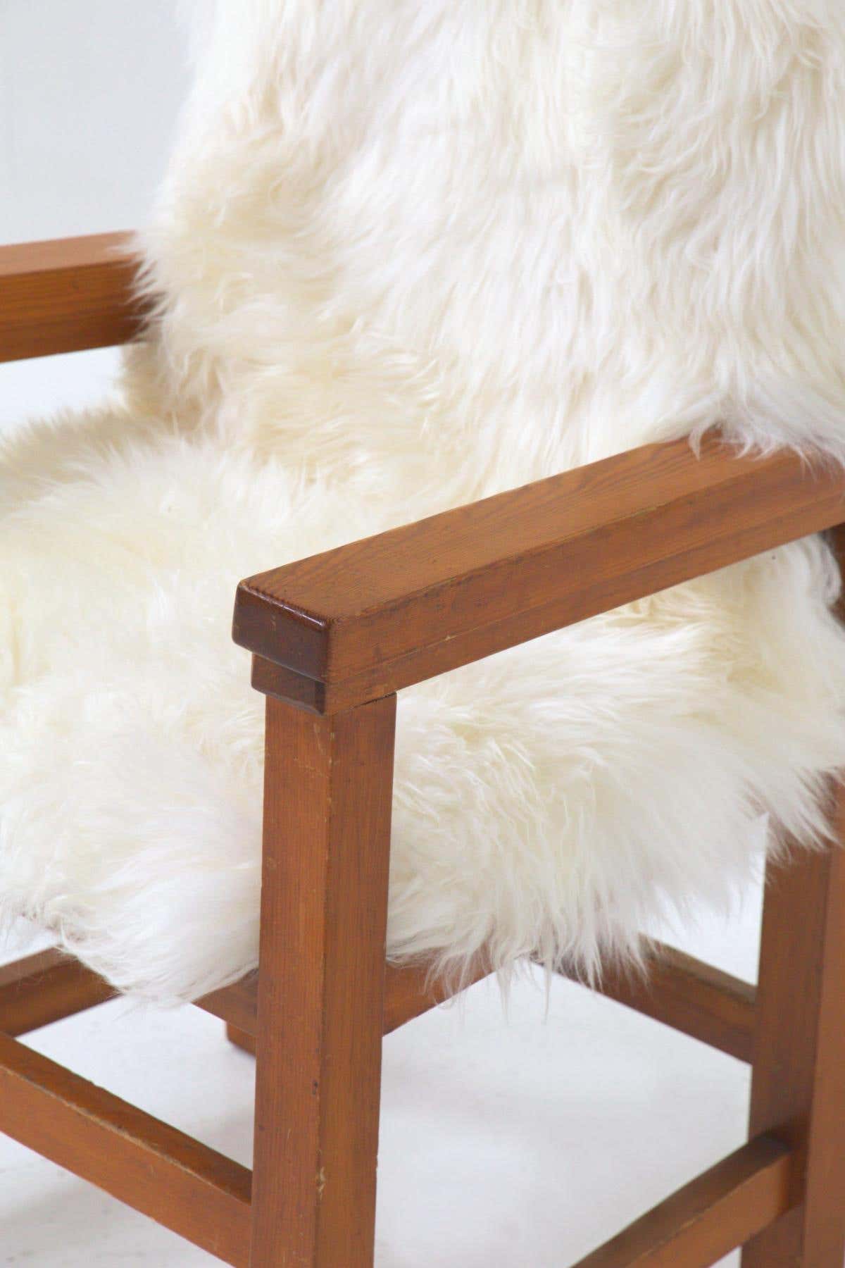 Anni 70 Sgabello Pelliccia Bianca Coppia Di Poltrone In Legno Di