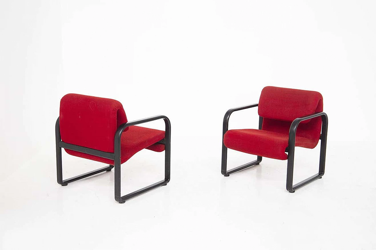Pair of red fabric and black metal armchairs by Arflex, 1960s 2