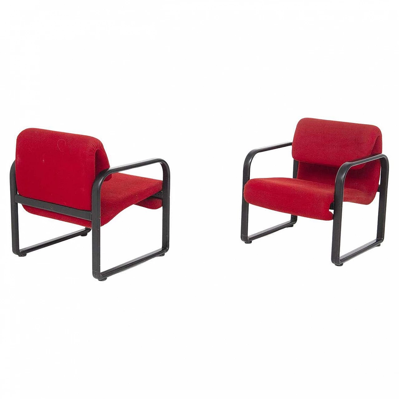 Pair of red fabric and black metal armchairs by Arflex, 1960s 8