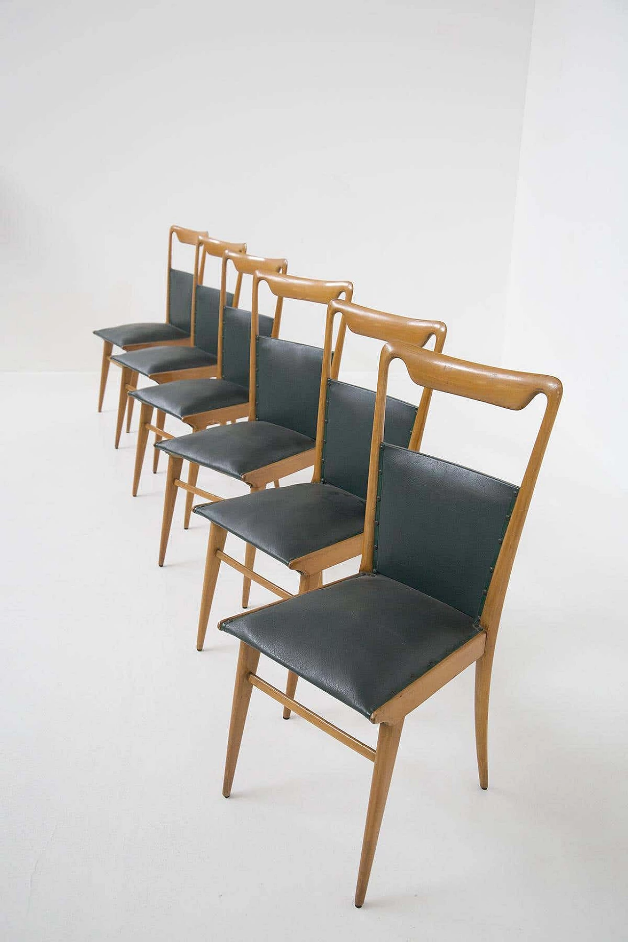 6 Wooden and dark green leather chairs, 1950s 1