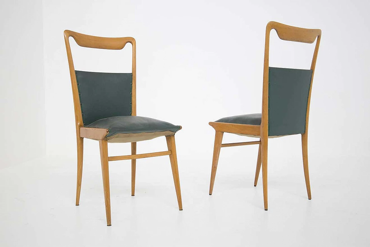 6 Wooden and dark green leather chairs, 1950s 2